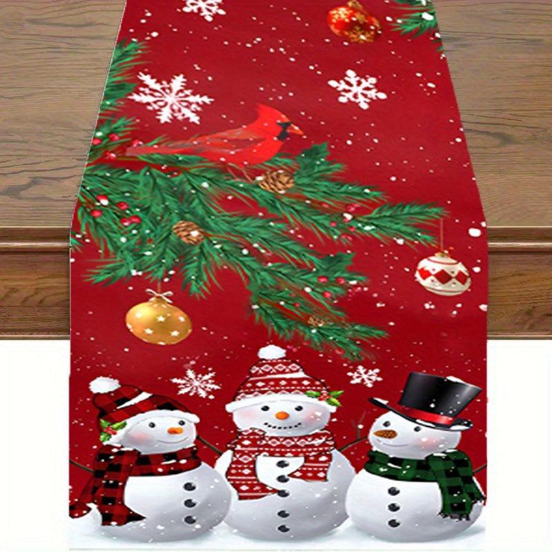 Polyester Table Runner Merry Christmas Snowman Red Plaid Printed Table Cover