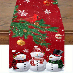 Polyester Table Runner Merry Christmas Snowman Red Plaid Printed Table Cover