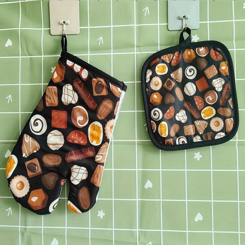 2pcs Kitchen Pot Rack Mat Stove Oven Glove Set Bread Pattern Heat Resistant Hot