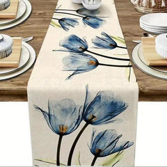 Linen Table Runner Tulip Pattern Rustic Farmhouse Style Summer Seasonal Decor