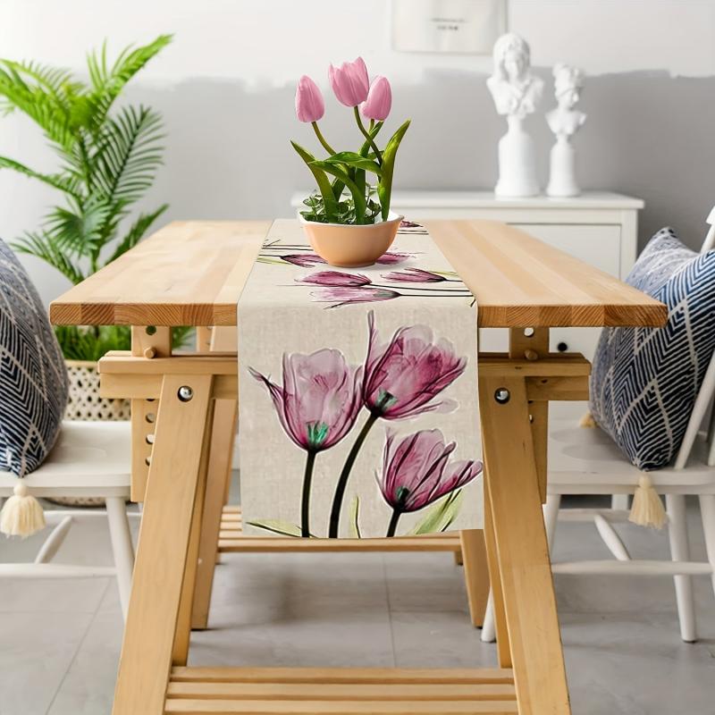 Linen Table Runner Tulip Pattern Rustic Farmhouse Style Summer Seasonal Decor