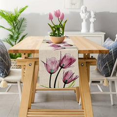 Linen Table Runner Tulip Pattern Rustic Farmhouse Style Summer Seasonal Decor