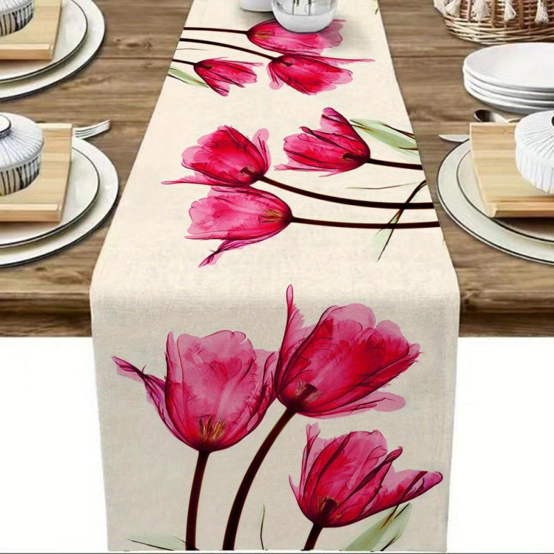 Linen Table Runner Tulip Pattern Rustic Farmhouse Style Summer Seasonal Decor