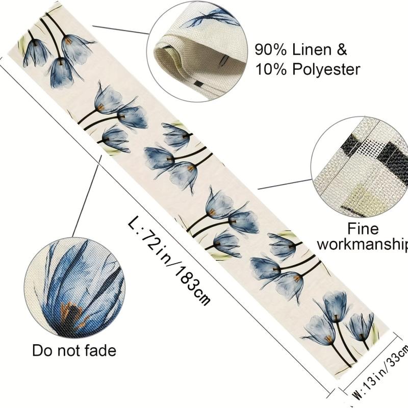 Linen Table Runner Tulip Pattern Rustic Farmhouse Style Summer Seasonal Decor