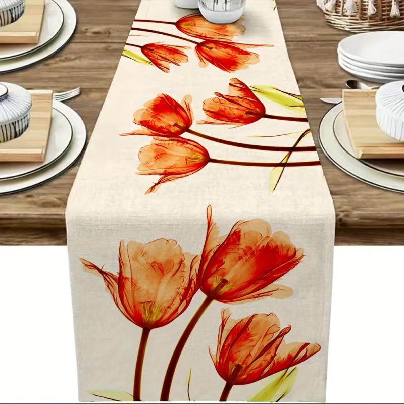 Linen Table Runner Tulip Pattern Rustic Farmhouse Style Summer Seasonal Decor