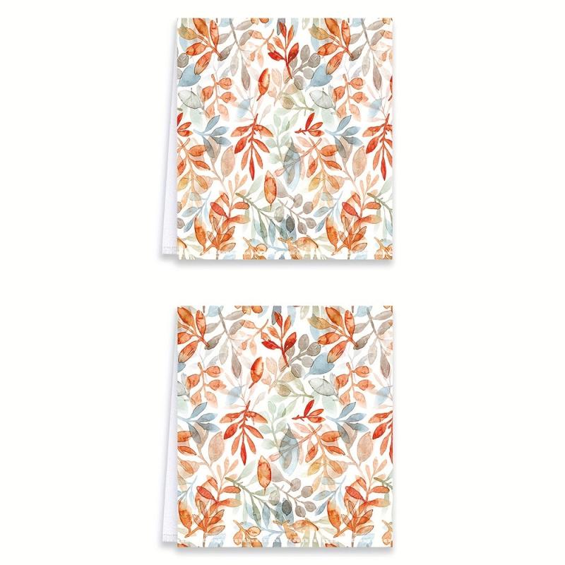 2pcs Absorbent Dish Cloth Autumn Thanksgiving Colorful Leaf Print Towel