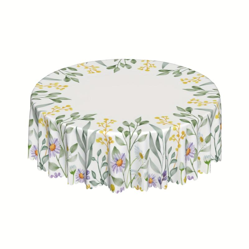 Polyester Daisy Round Tablecloth Flower Pattern Stain/Water Resistant