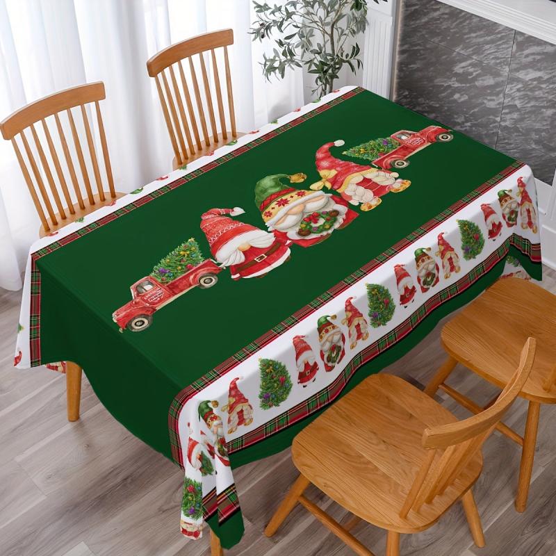 Polyester Tablecloth Merry Christmas Table Cover Truck Gnome Pattern Fab
