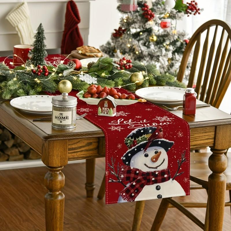 Polyester Merry Christmas Table Runner Snowman Red Printed Cover
