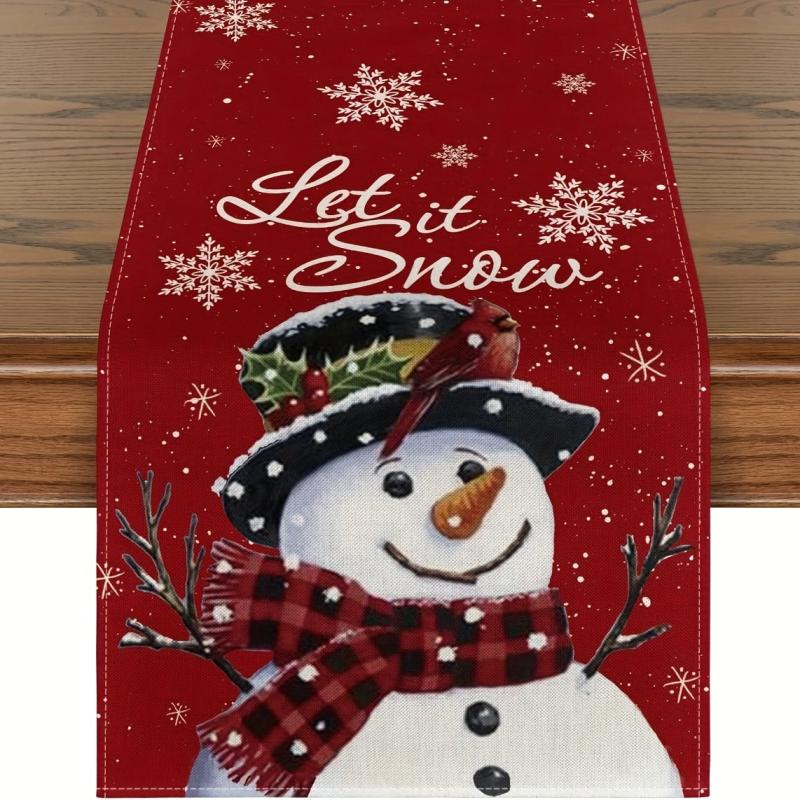 Polyester Merry Christmas Table Runner Snowman Red Printed Cover