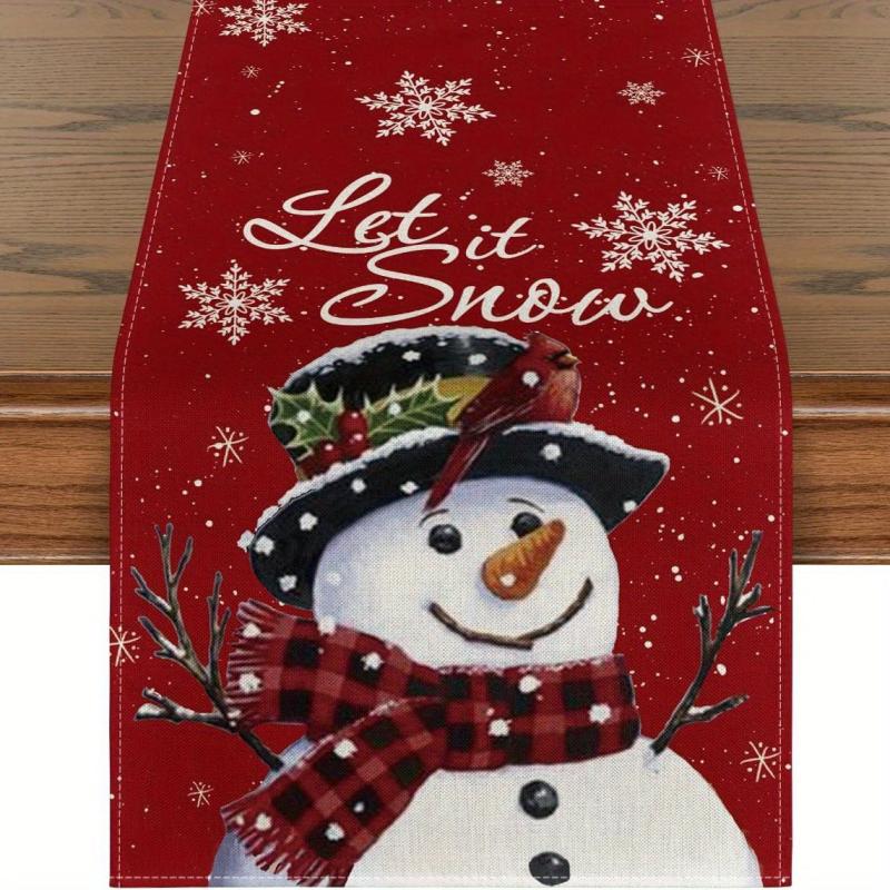 Polyester Merry Christmas Table Runner Snowman Red Printed Cover