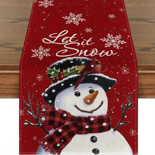 Polyester Merry Christmas Table Runner Snowman Red Printed Cover