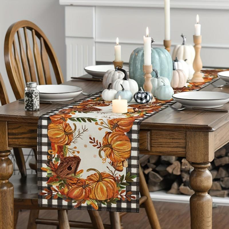 4pcs Autumn Table Runner Placemat Pumpkin Maple Leaf Print Polyester Thanksgivin