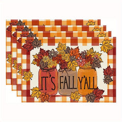 4pcs Autumn Table Runner Placemat Pumpkin Maple Leaf Print Polyester Thanksgivin
