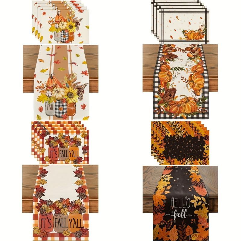 4pcs Autumn Table Runner Placemat Pumpkin Maple Leaf Print Polyester Thanksgivin