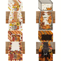 4pcs Autumn Table Runner Placemat Pumpkin Maple Leaf Print Polyester Thanksgivin