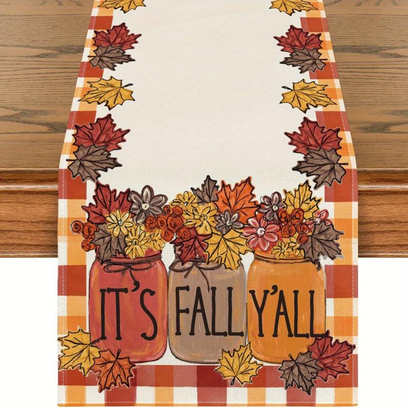 4pcs Autumn Table Runner Placemat Pumpkin Maple Leaf Print Polyester Thanksgivin