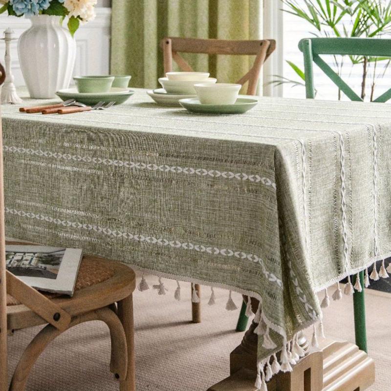 Bohemian Green Fringe Tablecloth Square Polyester Farmhouse Decor