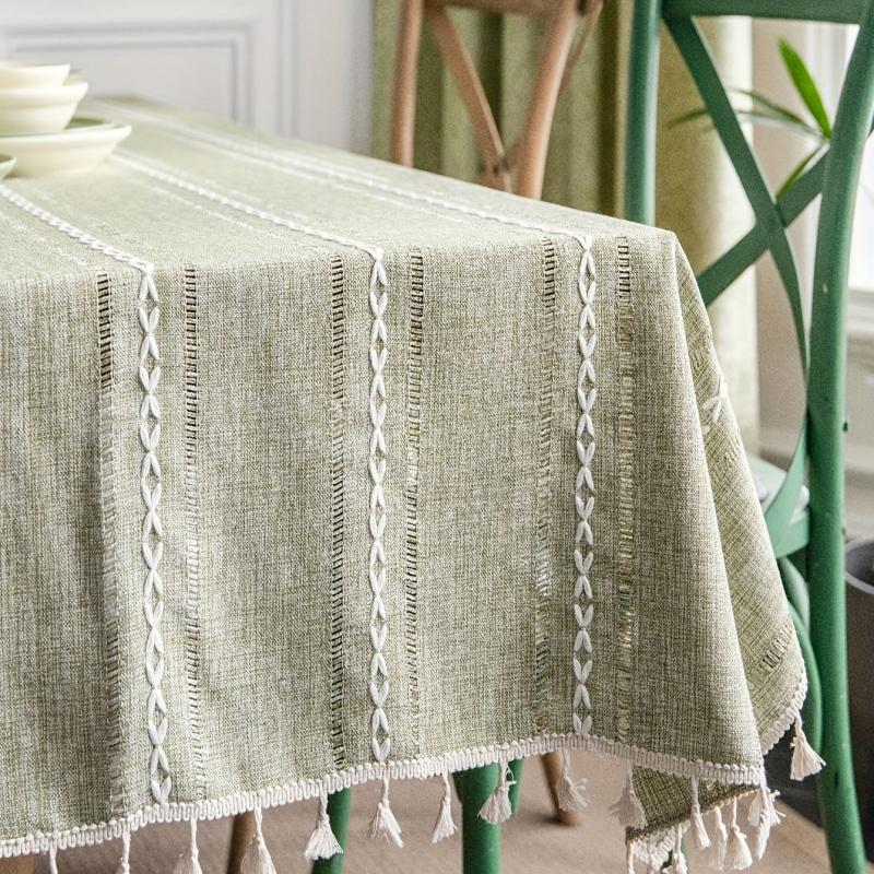 Bohemian Green Fringe Tablecloth Square Polyester Farmhouse Decor