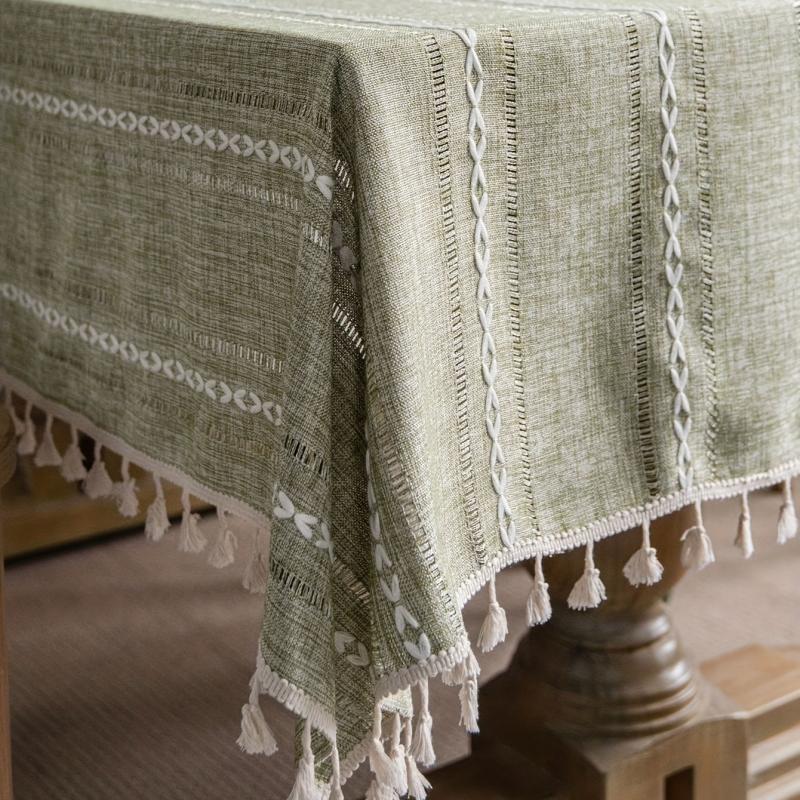 Bohemian Green Fringe Tablecloth Square Polyester Farmhouse Decor
