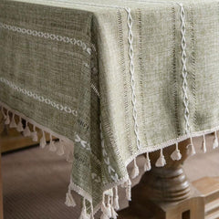 Bohemian Green Fringe Tablecloth Square Polyester Farmhouse Decor