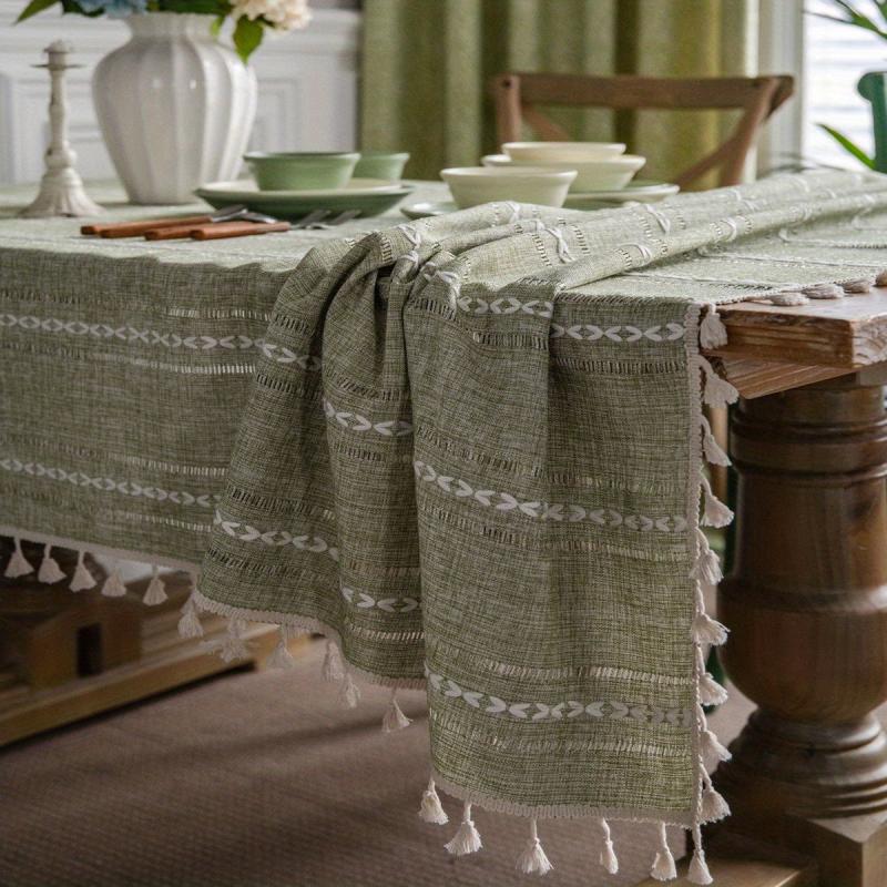 Bohemian Green Fringe Tablecloth Square Polyester Farmhouse Decor