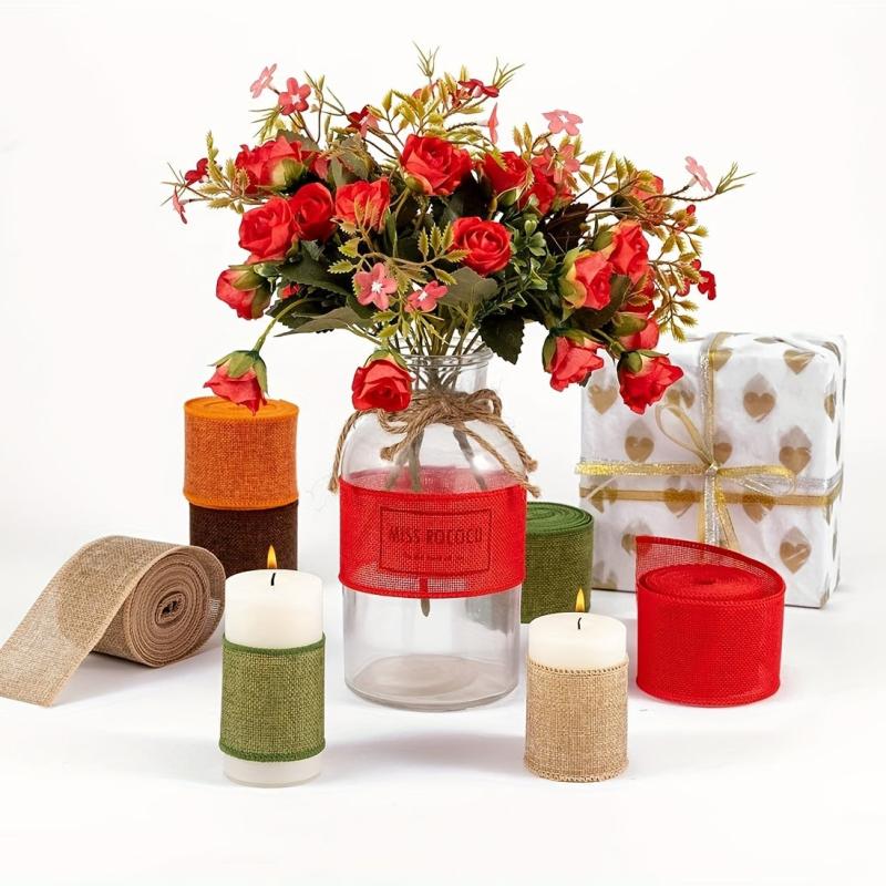 Linen Blend Table Runner Burlap Wired Ribbon Rolls