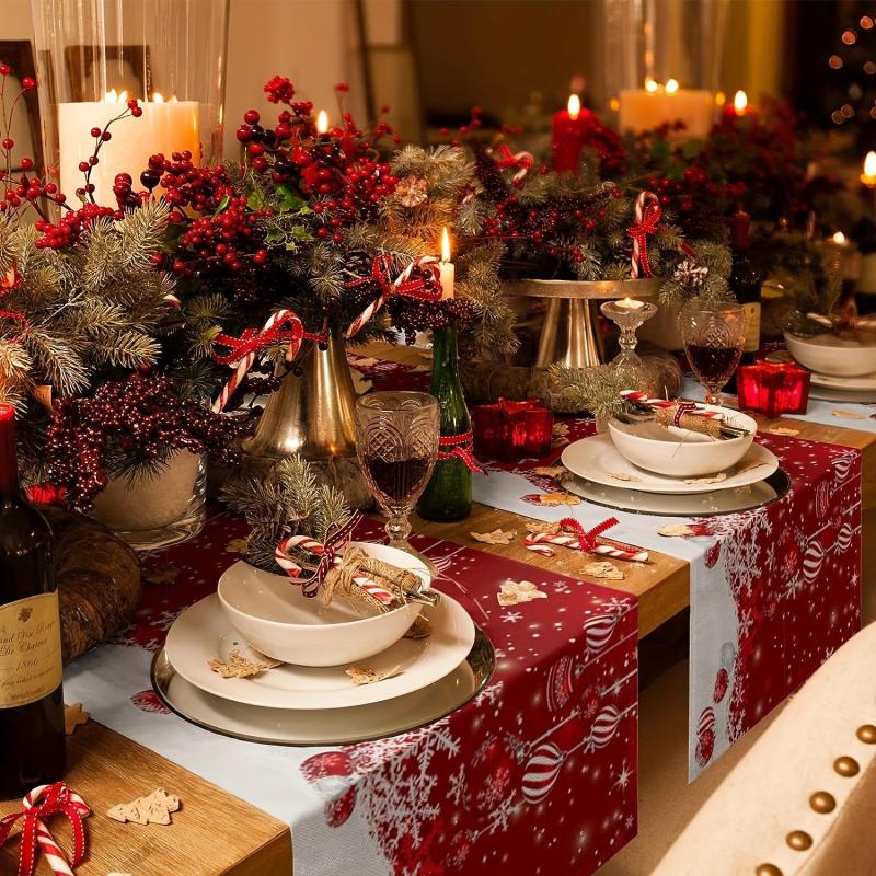 Christmas Table Runner Red Snowflake Pattern Doily Merry Christmas Theme