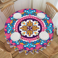 Boho Round Tablecloth 60 Inch Floral Stain Resistant Absorbent