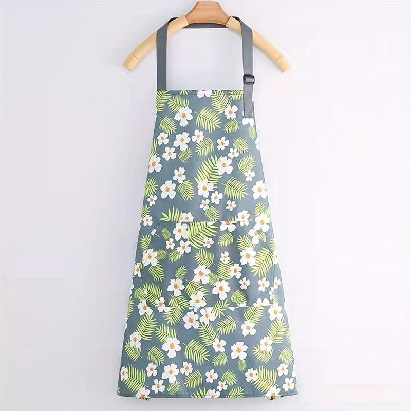 Adjustable Linen Flower Apron With Pockets - Stain Resistant Halter Apron