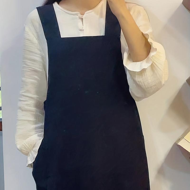 Waterproof Linen Apron w/ Adjustable Suspenders for Waiter Work