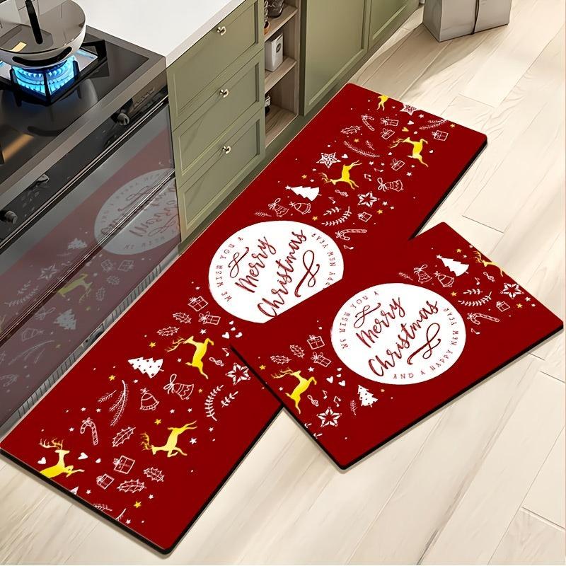 2pcs Christmas Pattern Area Mat Non-slip Kitchen Rug Waterproof Home Decoration