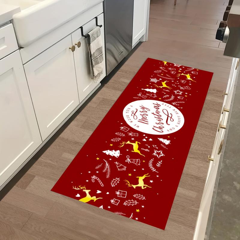 2pcs Christmas Pattern Area Mat Non-slip Kitchen Rug Waterproof Home Decoration