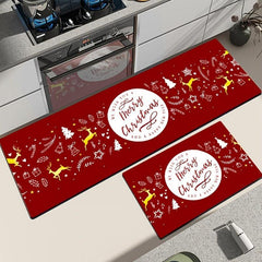 2pcs Christmas Pattern Area Mat Non-slip Kitchen Rug Waterproof Home Decoration