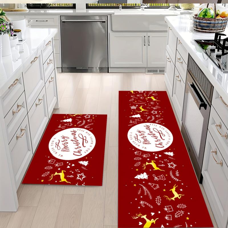 2pcs Christmas Pattern Area Mat Non-slip Kitchen Rug Waterproof Home Decoration