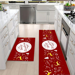 2pcs Christmas Pattern Area Mat Non-slip Kitchen Rug Waterproof Home Decoration