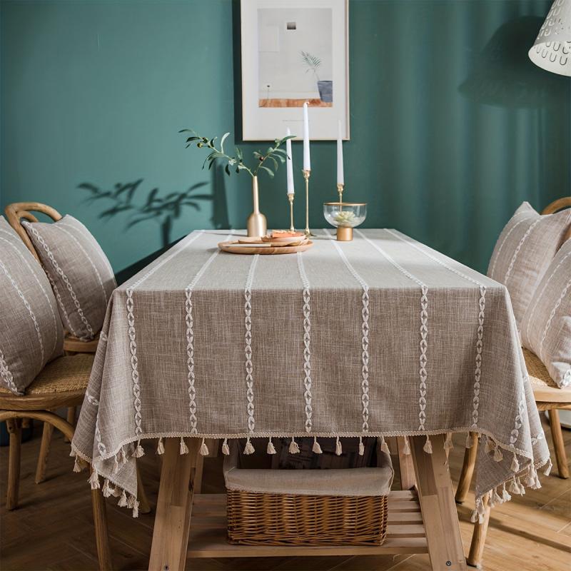 Polyester Tablecloth Khaki Tassel Table Cover American Rustic Fabric