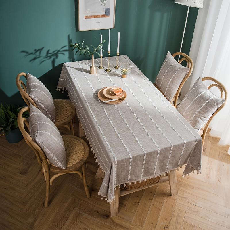 Polyester Tablecloth Khaki Tassel Table Cover American Rustic Fabric
