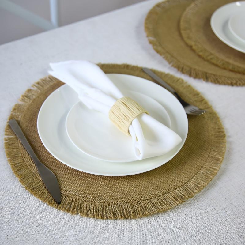 4pcs Natural Jute Tassel Placemats Round Linen Placemat