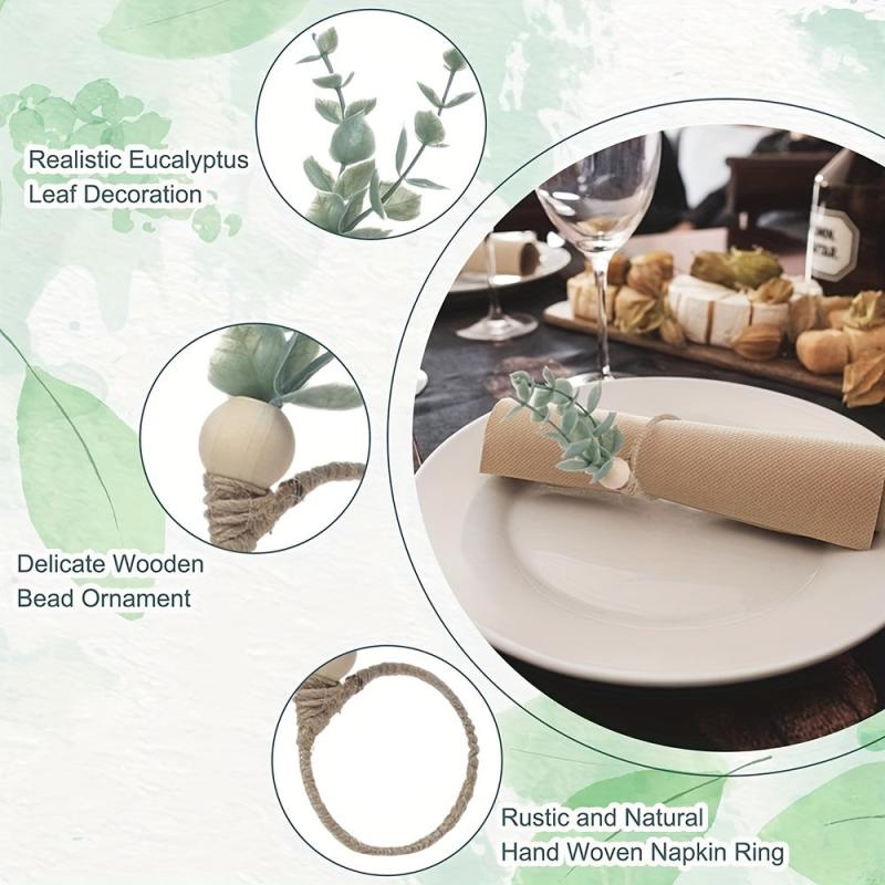 6pcs Eucalyptus Wooden Napkin Rings Boho Leaf Wood Bead Farmhouse Spring