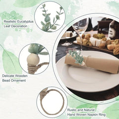 6pcs Eucalyptus Wooden Napkin Rings Boho Leaf Wood Bead Farmhouse Spring