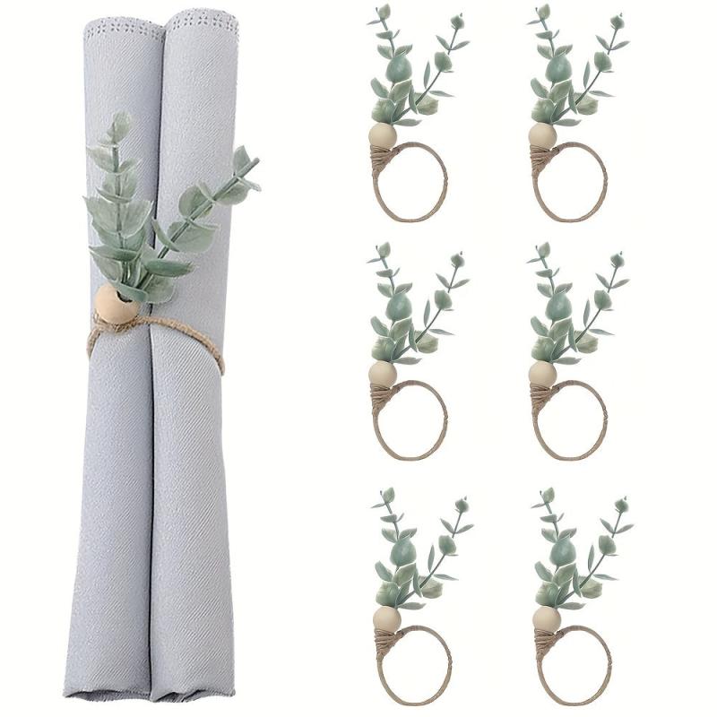6pcs Eucalyptus Wooden Napkin Rings Boho Leaf Wood Bead Farmhouse Spring
