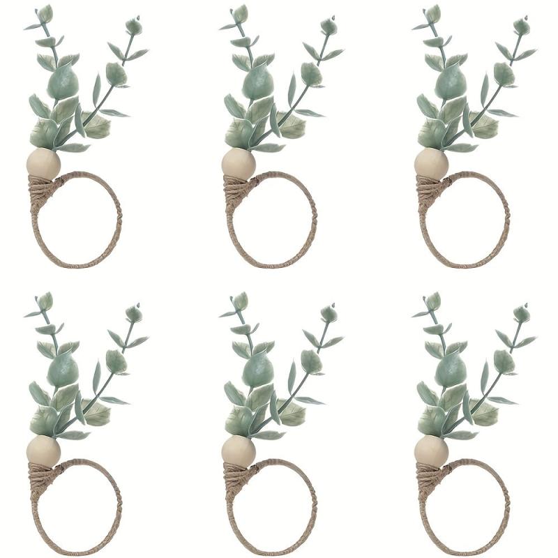 6pcs Eucalyptus Wooden Napkin Rings Boho Leaf Wood Bead Farmhouse Spring