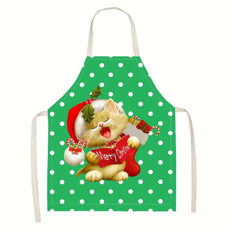 Polyester Apron Merry Christmas Cat Pattern Stain Resistant Sleeveless Cooking