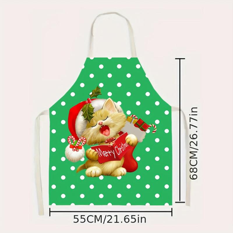 Polyester Apron Merry Christmas Cat Pattern Stain Resistant Sleeveless Cooking