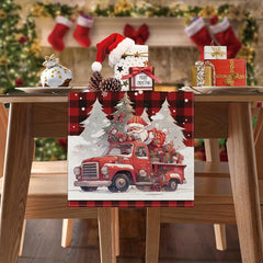 Polyester Merry Christmas Table Runner Red Plaid Santa Claus Printed Table Cover