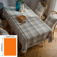 Gray Plaid Striped Tablecloth with Broom Lace Embroidered Tassel