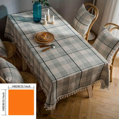 Gray Plaid Striped Tablecloth with Broom Lace Embroidered Tassel