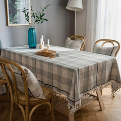 Gray Plaid Striped Tablecloth with Broom Lace Embroidered Tassel