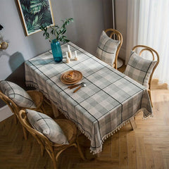 Gray Plaid Striped Tablecloth with Broom Lace Embroidered Tassel